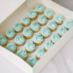 mini vanilla cupcakes with blue frosting