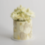 A round buttercream cake with a rough, abstract painted texture in shades of cream and light beige, topped with a cluster of white roses.