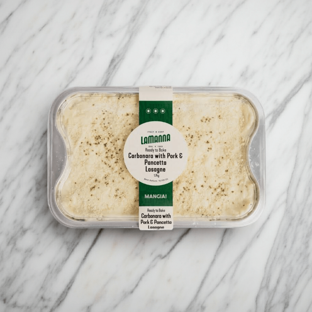 carbonara pork pancetta lasagne lamanna family size 1.7kg